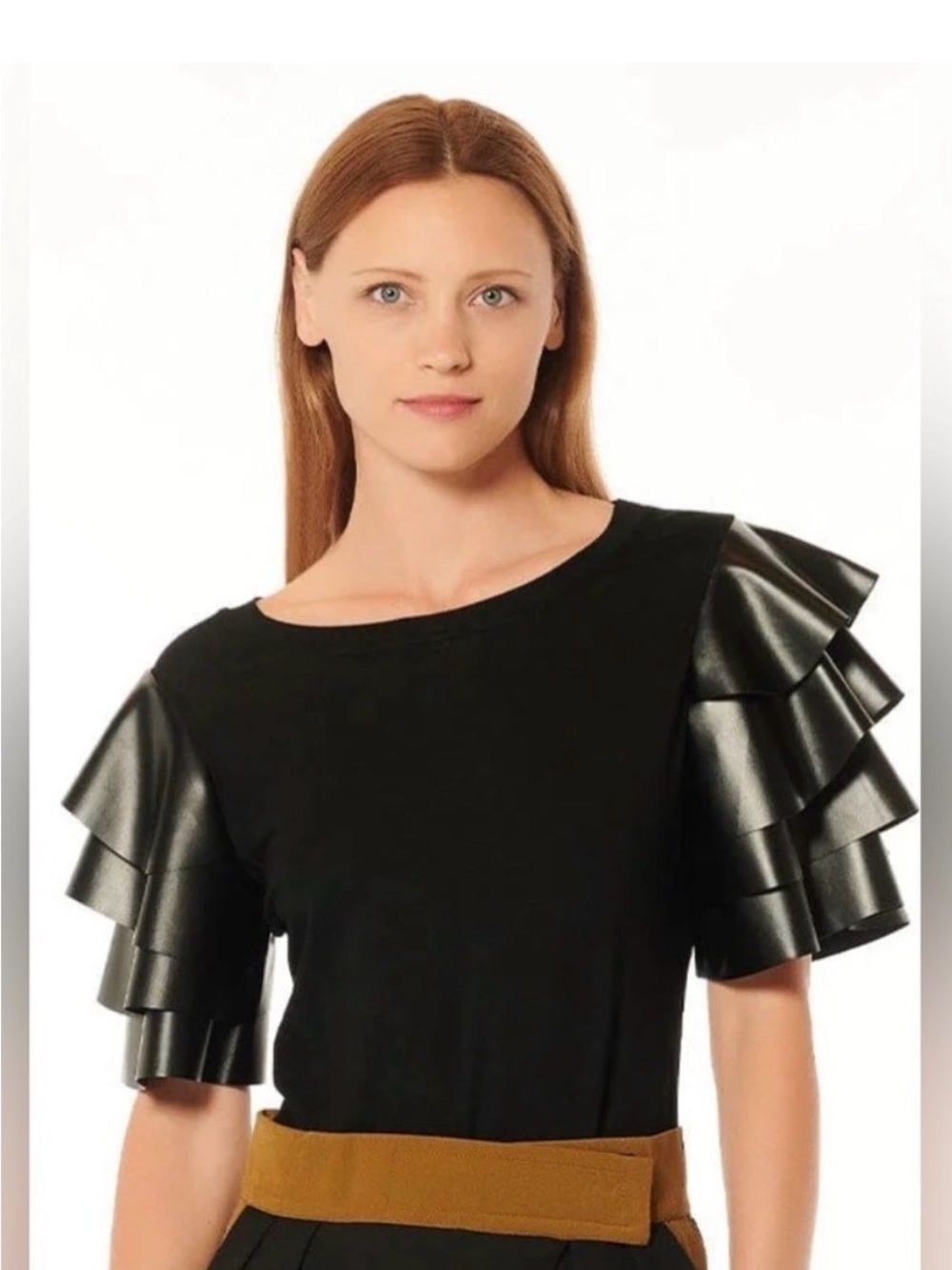 Gracia Black Top with Layered Faux Leather Puff Sleeves